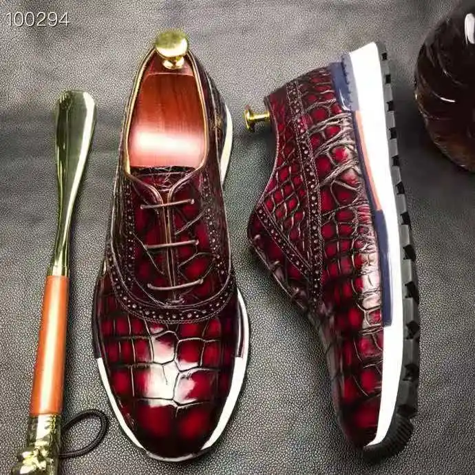 

2021 New arrival men's fashion sneakers luxury genuine leather branded shoes men latest designs real crocodile sneakers men, Red