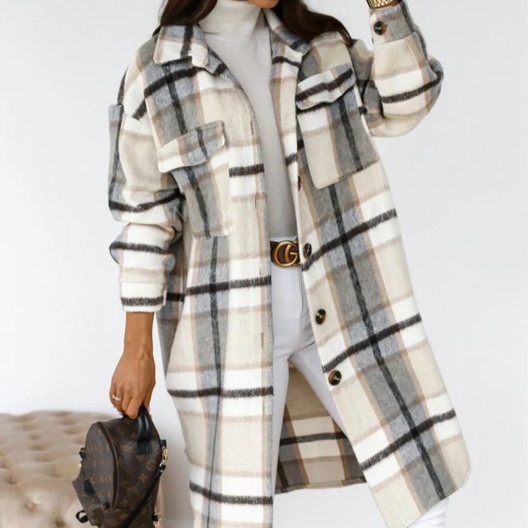 

S0247-fashion fall 2021 women clothes casual long plaid jacket ladies woolen coat