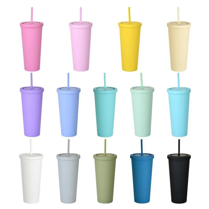 

2021 BPA Free Reusable Matte Colored 16oz 24oz 32oz Double Wall Tumbler Plastic Cups With Lid, Black/grey/mixed/pink/red, etc.