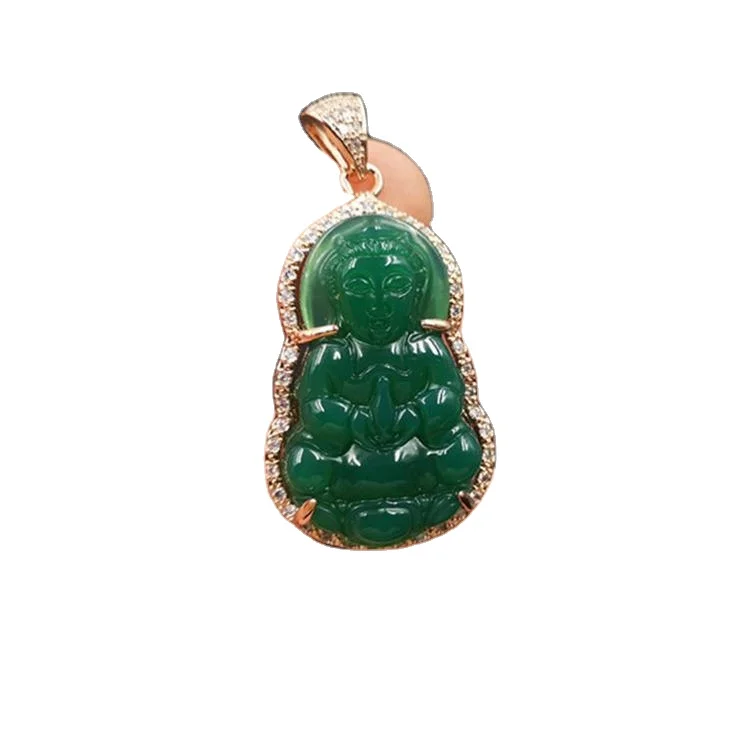 

925 Color Silver Inlaid Green Chalcedony Guanyin Pendant Emerald Green Agate Guanyin Pendant