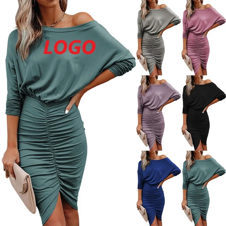

2021 Hot Fashion Casual Elegant Bodycon Ruffles Dresses Solid Color Custom Logo Korean Spring Fall Plus Size Women's Dresses