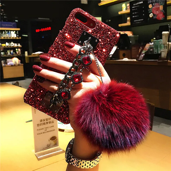 

Luxury Glitter Bling Diamond Gem Bracelet Chain Strap Cases Fur Ball Cover Phone Case For iPhone 11 Pro max XSMAX XR 6 7 8 Plus