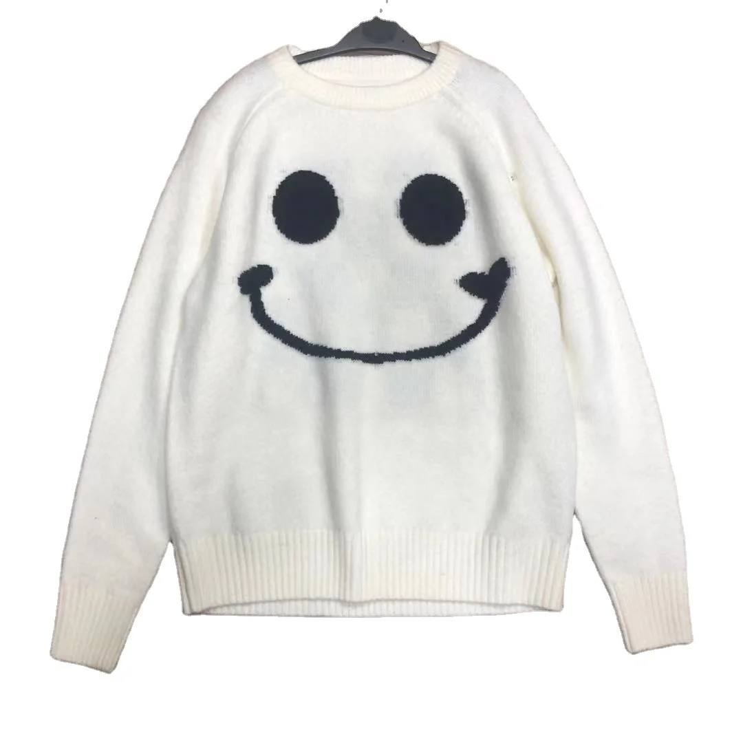 

women's white smiling face knitted mohair crew neck O neck winter and autumn long sleeve hip-hop casual sweater