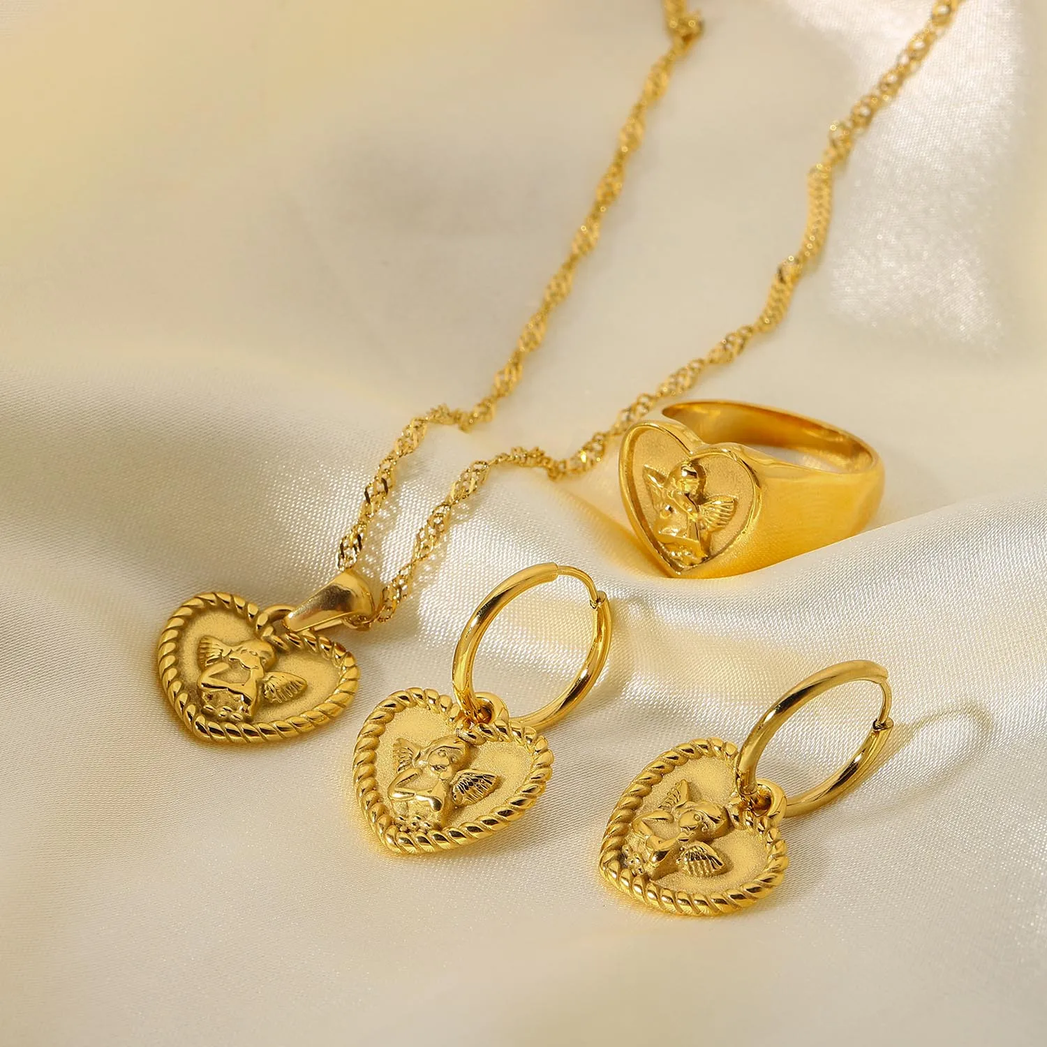 

New Trendy 18k Gold Stainless Steel Jewelry Set Love Cupid Angel Rings Pendant Necklace Heart Hoop Earring for women