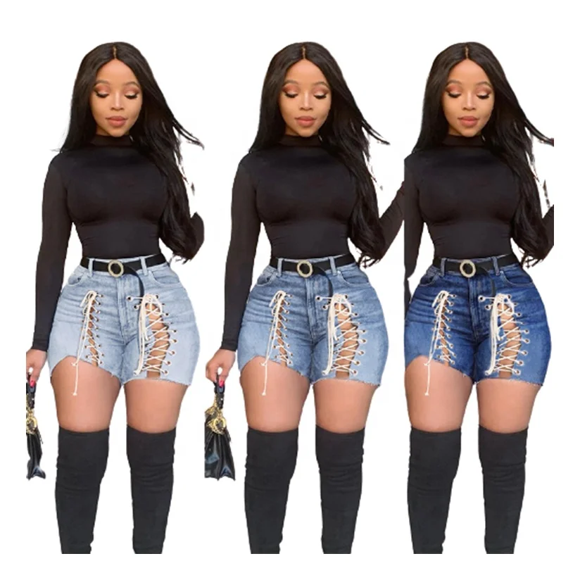 

Lace Up Front High Waist Hot Shorts Women Jeans Denim, Light blue, blue, dark blue