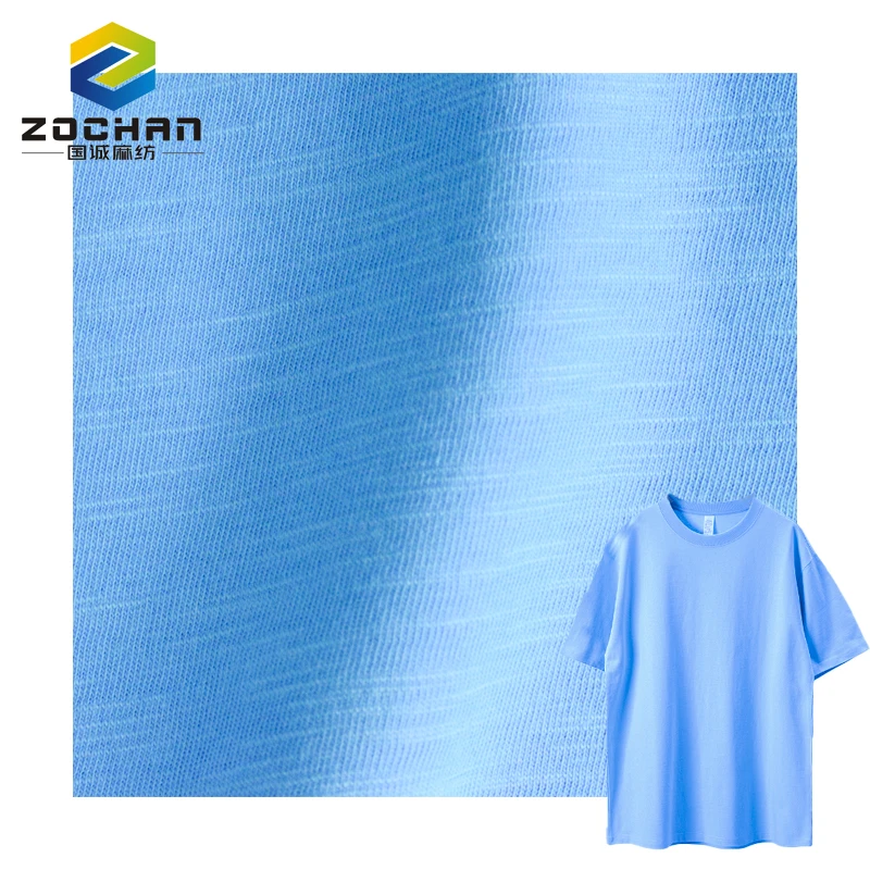 

best material 100% organic cotton slub jersey Sustainable blue fabric for t shirt costume