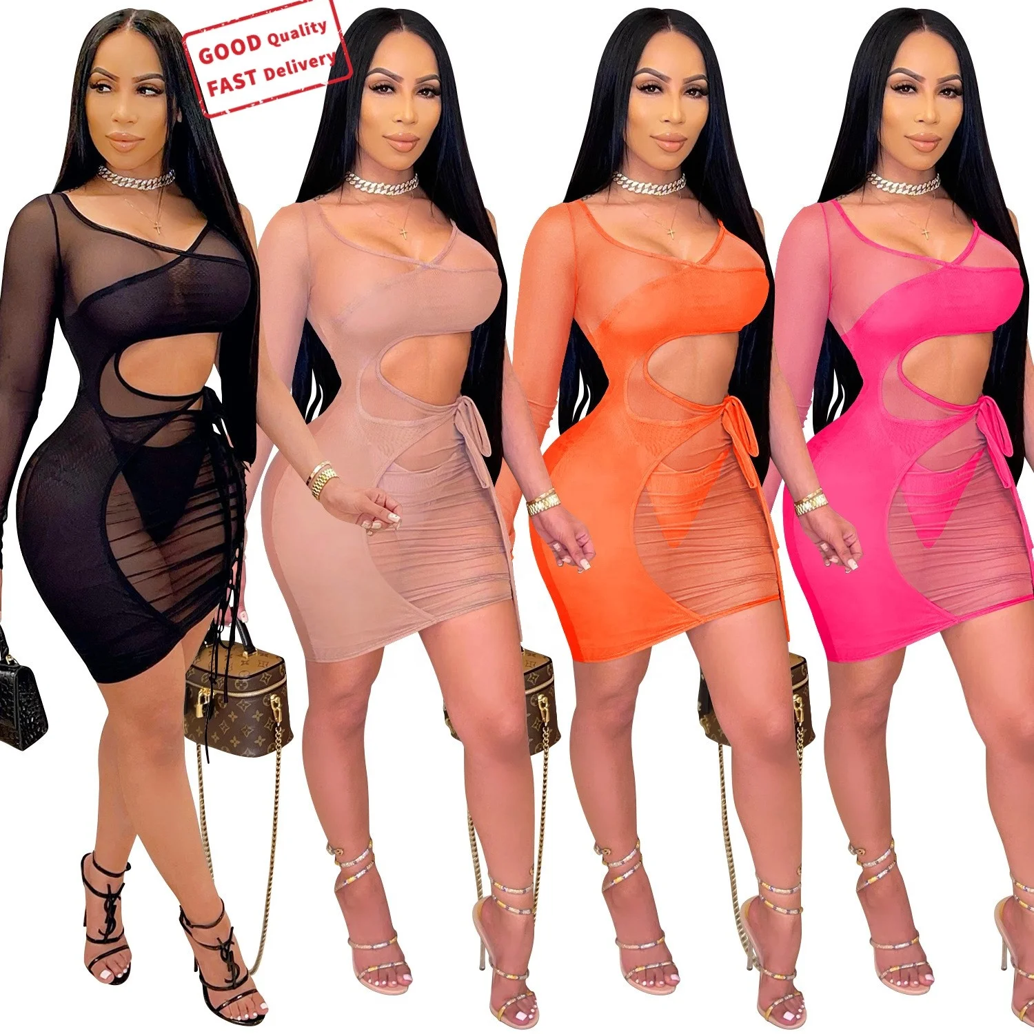 

GQ2334 2021 new arrivals Sexy tulle see-through sexy dress women, Picture color