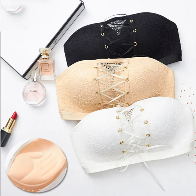 

Strapless lace gather push up women bra invisible anti-slip adjustable bandage sexy tube top underwear, Red