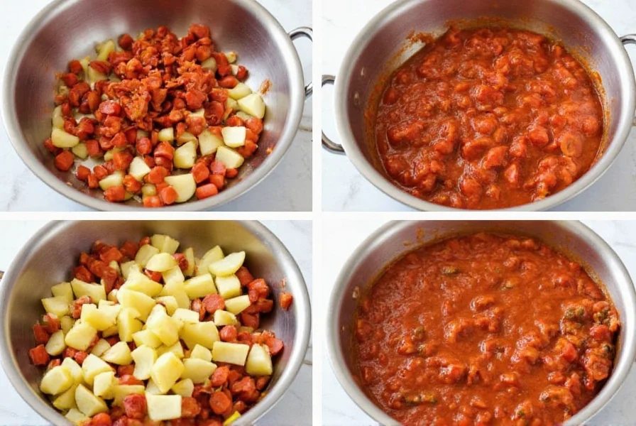 Step-by-step preparation of chili with potatoes showing proper dicing and cooking stages