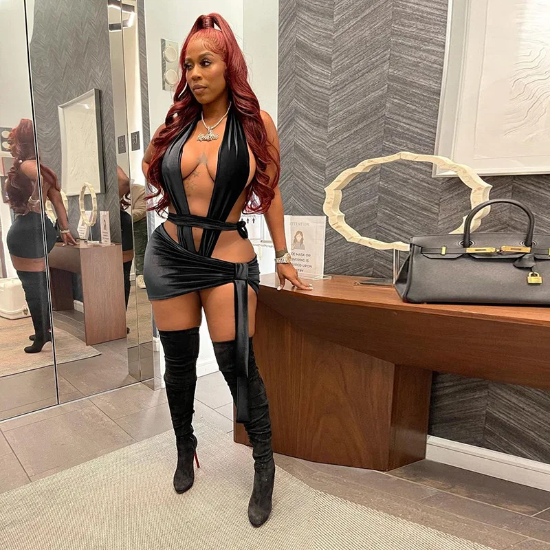 

Dvacaman Trendy Summer 2021 Night Club New Arrivals Women Extremely Sexy Hollow Out Bandage Halter Backless Mini Bodycon Dress, Black pink purple blue