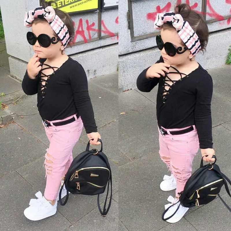 

Toddler Girl Spring Autumn Clothing Set Black Lace up Long Sleeve Shirt +Distressed Pink Pants 2pcs Children Girl Casual Outfit, As photos