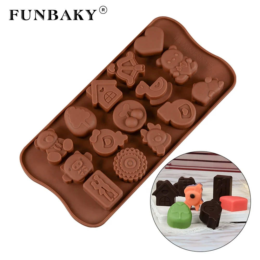 

FUNBAKY Valentine ' s Day heat resistant 15 cavity bear heart shape chocolate silicone mold homemade candy mould silicone, Customized color