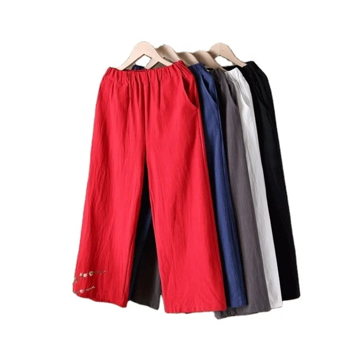 

Factory Supply Women Cotton Linen Ankle Length Pants Summer Holiday Wear Breathable Comfortable Plain Color Wide Leg Pants, Black, white, red, blue, grey