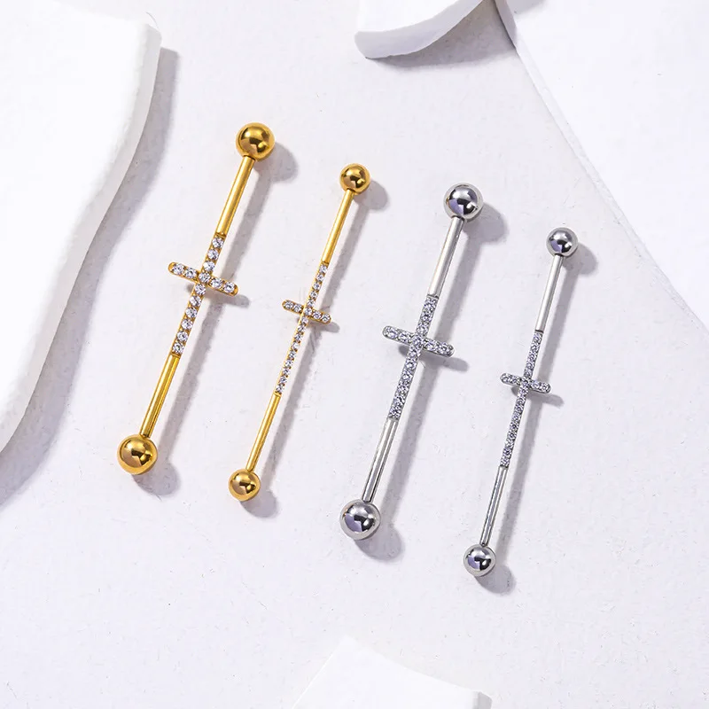 stainless steel stud earrings for women body piercing jewelry gold plated beaded cross zircon earrings wholesale