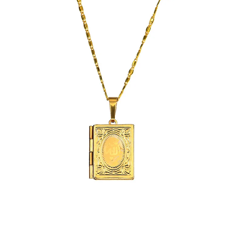 

Islam Jewelry Holy Quran Pendant Necklace 18K Gold Plated Islamic Allah Quran Box Photo Locket Frame Pendant Necklace