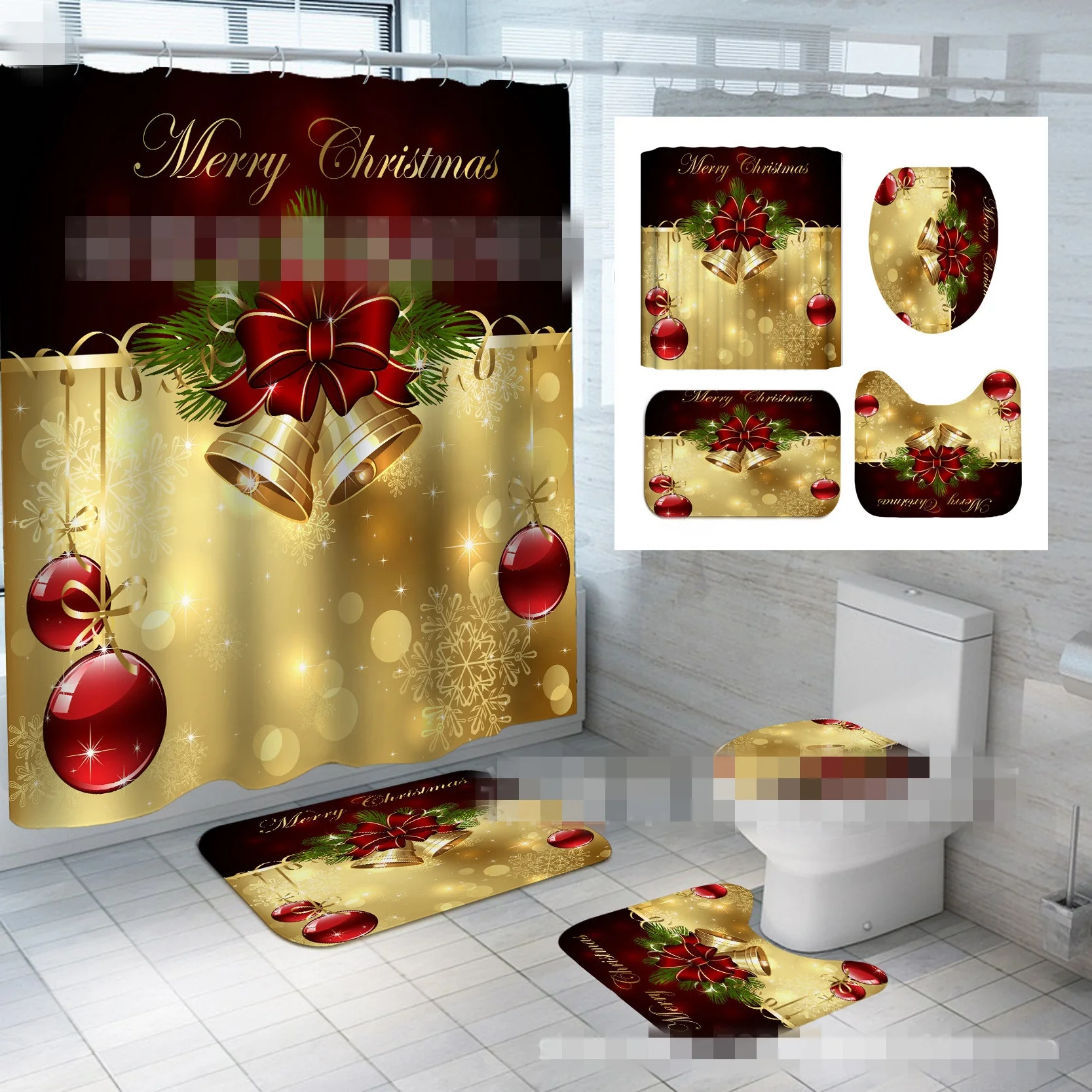

Christmas Series Digital Printing Green Polyester Shower Curtain Floor Mat 3-piece Set, Picture