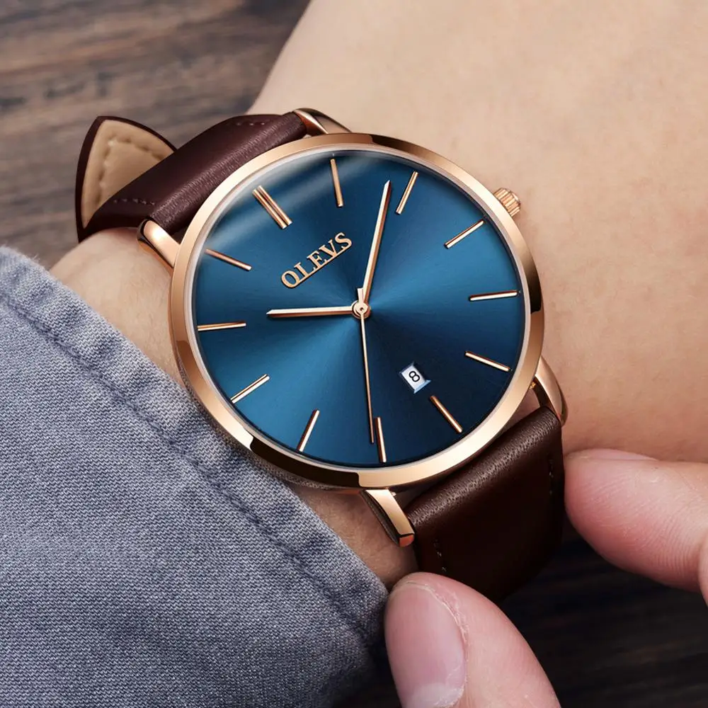 OLEVS Brand 5869 Men Fashion Moon Phase Quartz watch Minimalist Connotation Leather Watch Date and Week Male Clock