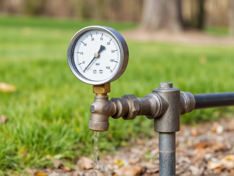 Water pressure gauge attached to outdoor faucet during irrigation system test