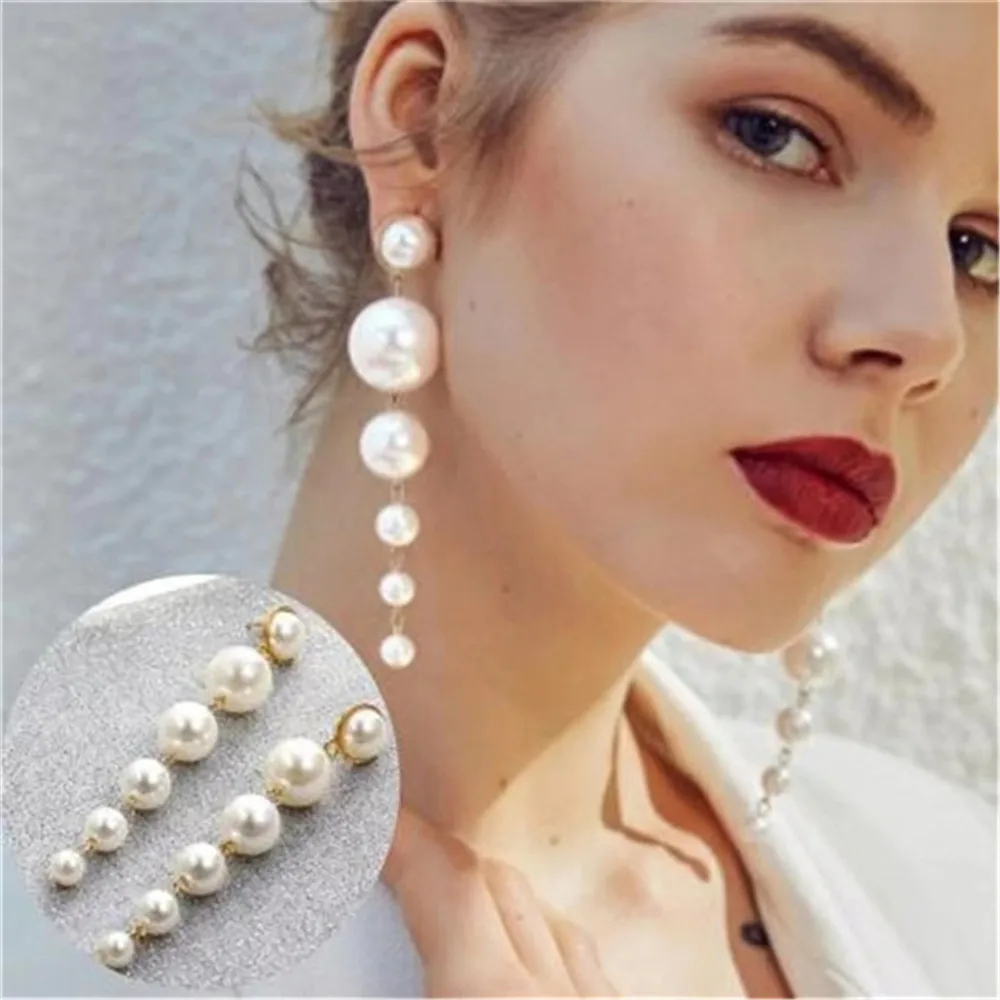 

Simple Long Drop Hanging Pearl Earrings
