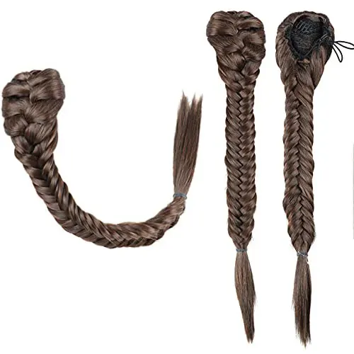 

G&T Wig Synthetic Hair Braided Plait Fishtail Fishbone Drawstring Ponytail Black Brown Color Chignon Hairpiece