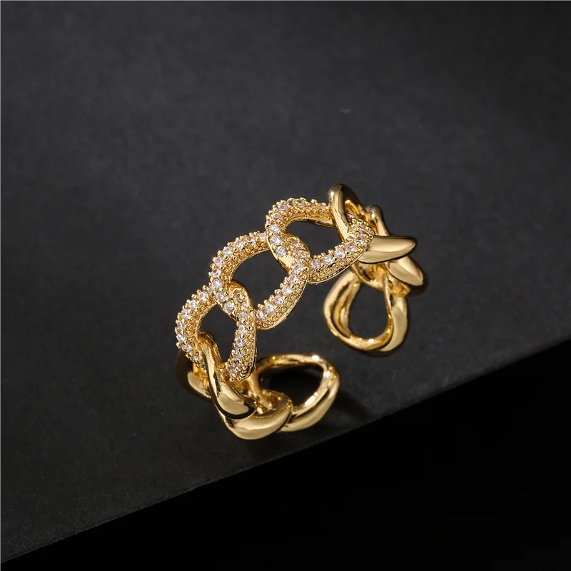 

JM Fashion jewelry 18k real gold plated cuban chain adjustable diamond ring