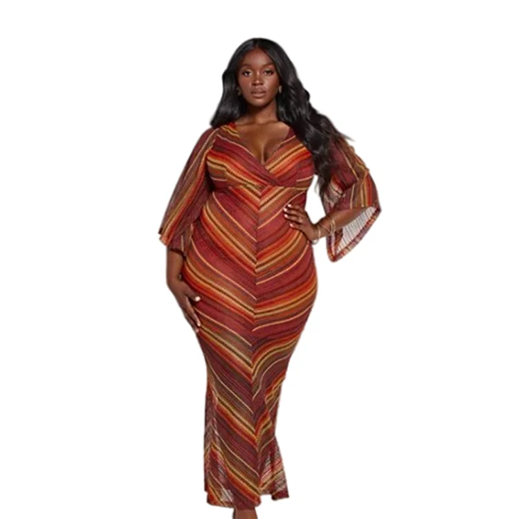 

new ladies summer wears 2021robe africaine grande taille robe de dameschevron stripe vintage back split women bodycon maxi dress