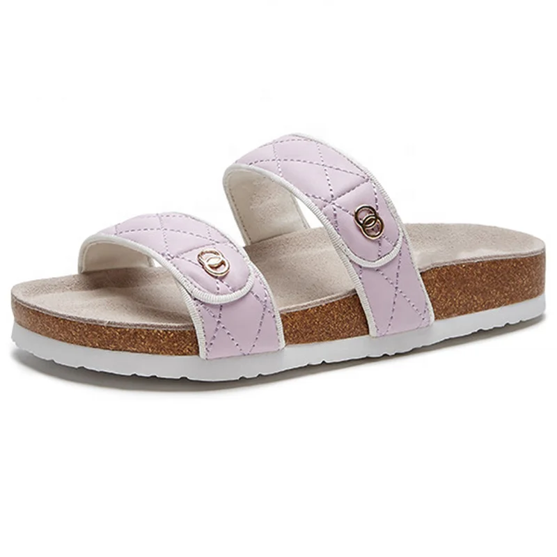

2021 New Style Custom Logo Summer Fashion Women's Memory Foam Slides Sandals with 2 Stepped-Stitching Straps Upper