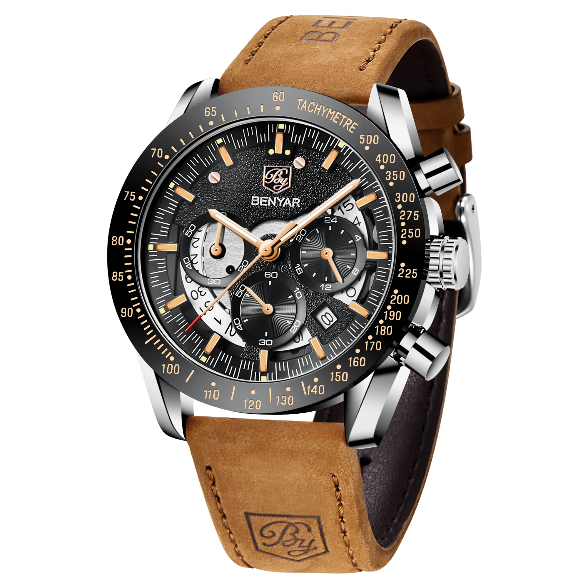 

Original BENYAR 5120 Luxury Men Wrist Watch Fashion Military Leather Chronograph Watches Relojes Hombre, Black, brown, silver, blue