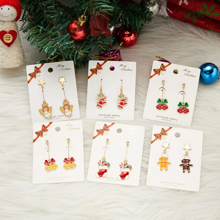 

2021 new snowflake bells elk drop earrings long asymmetric color enamel Christmas earrings for women