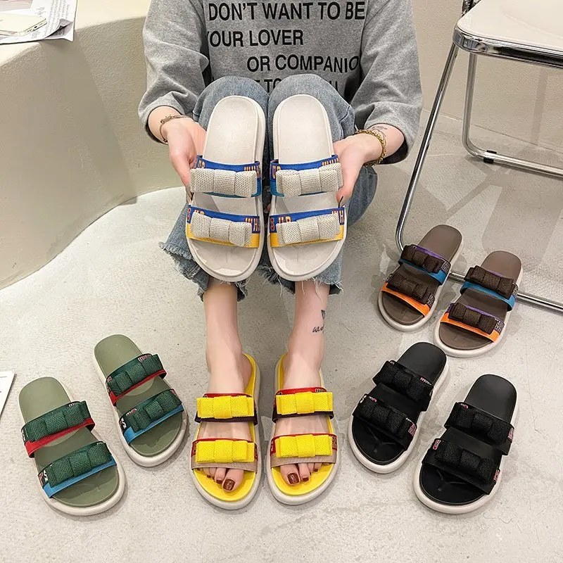 

Wholesale Flat Color Blocking Bow Sandals For Women Summer Slippers Slip-on Ladies Slide Shoes New Hot Style Fashion Sandals, 5 colors