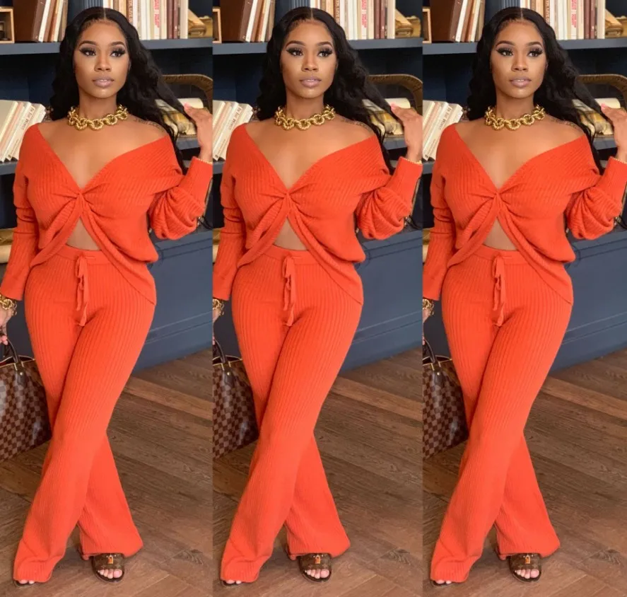 

New CY1265 European 3XL women's wear V-neck rib knitted fabric 2 piece tie knot bell bottom pants two piece set