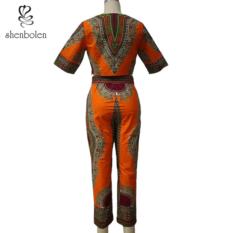 

2021 Shenbolen high quality African Dashiki print women sets wax cotton summer two pieces pants sets for ladies