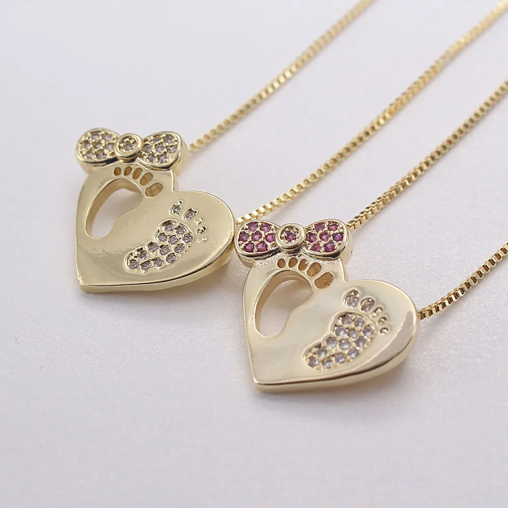 

MHS.SUN High Quality Zircon Heart Footprint Bow Pendant Necklace Fashion Chain Necklace For Women Female Jewelry Choker, Gold