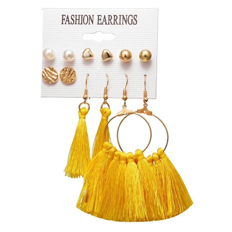 

Factory hot selling cotton yellow long tassel gold studs pearl boho style set ladies earring, As picture