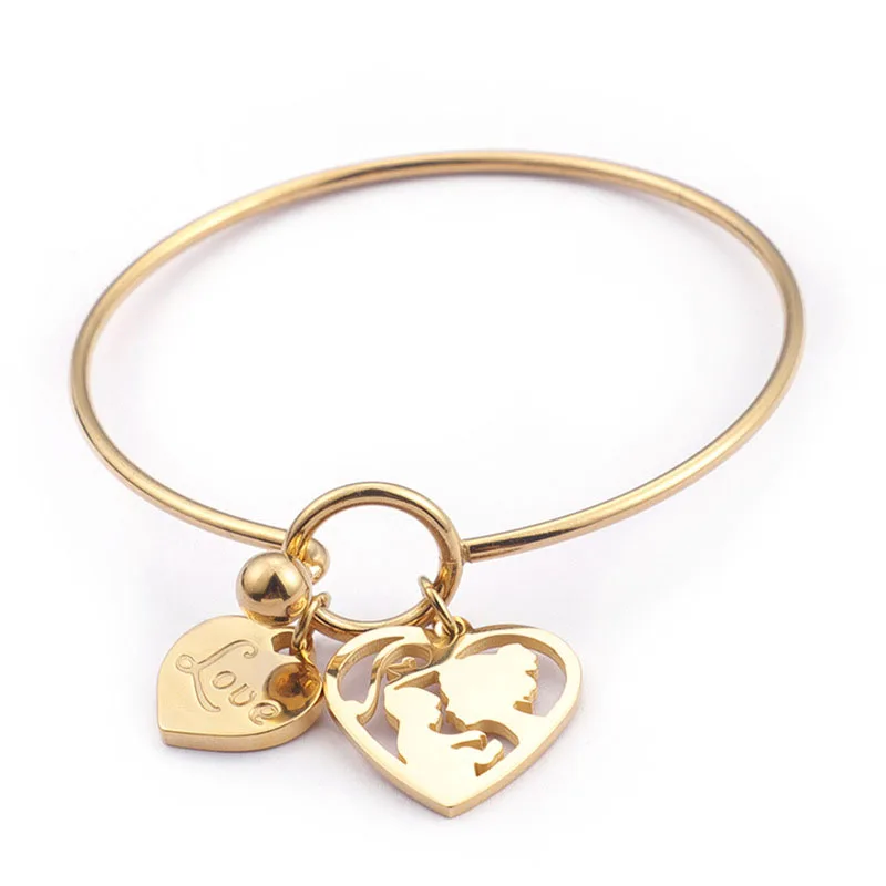 

Women Inspiration Jewelry Silver Gold Plated Heart Mom Stainless Steel Charm Bracelet Expandable Adjustable Wire Bangle Bracelet, Gold color