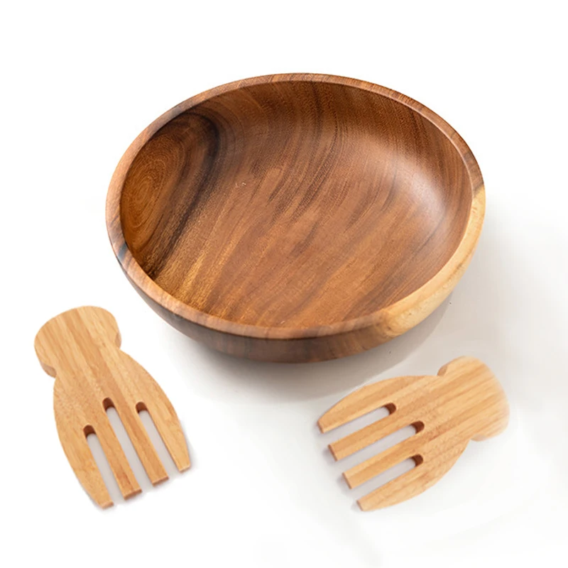 

Salad Server FREE Tableware Wood Salad Serving Bowls Spoon Fork Set Custom Logo Cooking Acacia Wooden Bowl