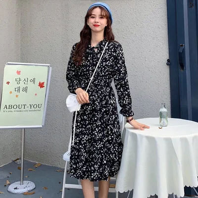 

Wholesale 2021 women's Summer Floral Casual Printing Chiffon Dresses Women Long Sleeved Retro Collar Slim linen maxi dress, 10 color