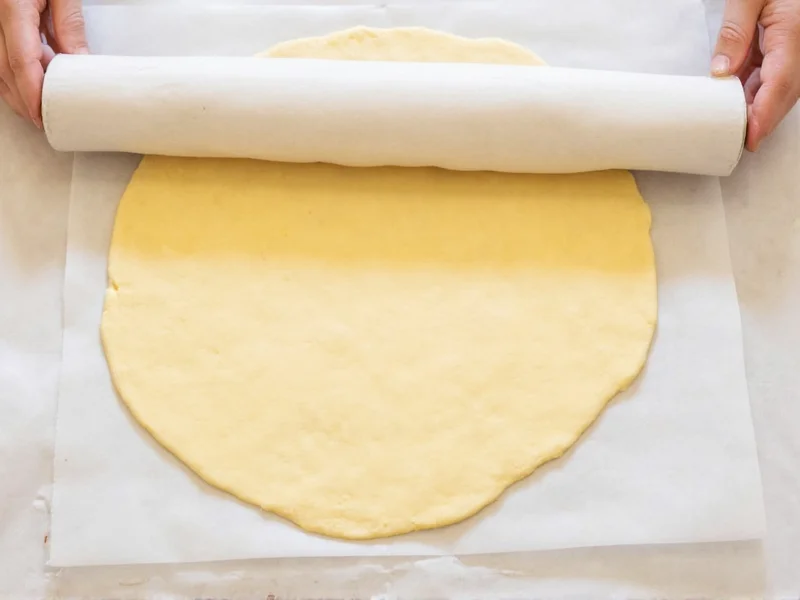 Rolling pie dough between parchment paper