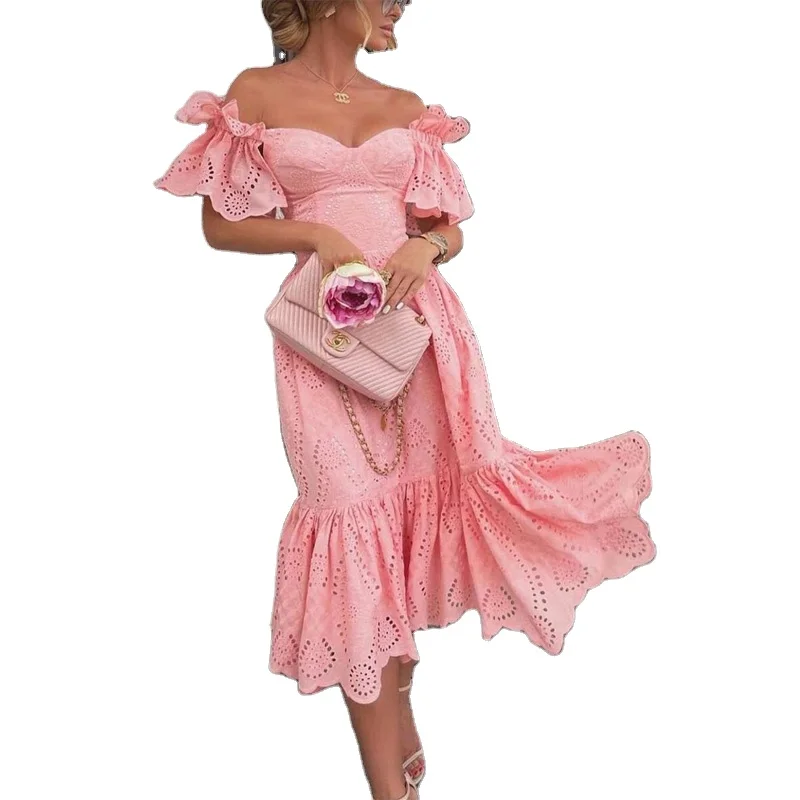 

Fashion Bohemian Sweet Cotton Puff Sleeves Lace Hollow Out Waist Maxi Long Dress, Solid color