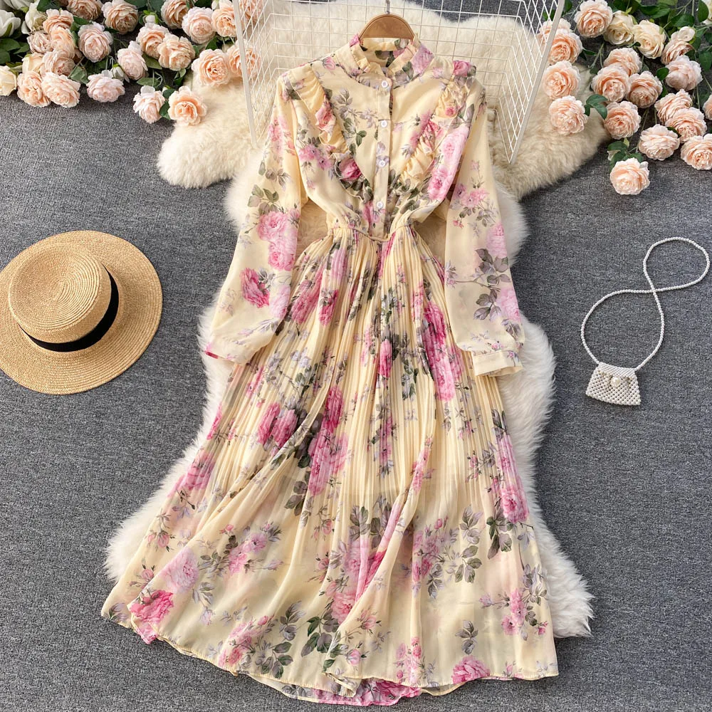 

Lace stand collar floral chiffon dress with waist waist and thin seaside holiday beach skirt waist and large swing dress, Black,blue,purple,white,pink,yellow