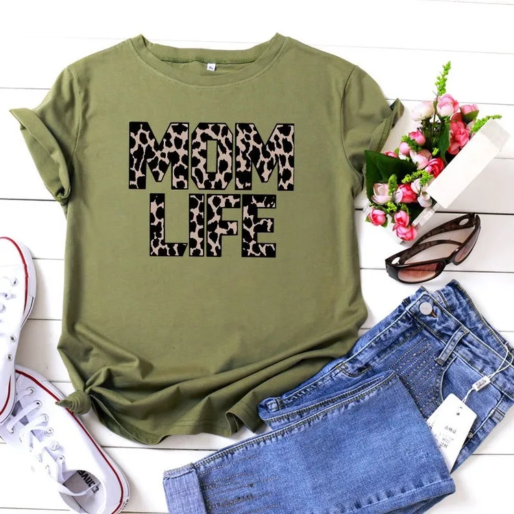 

Mom Life Leopard Print Women Summer T-shirts Graphic Tees Female Short Sleeve Round Neck Aesthetic Vintage Tshirts Tops