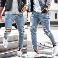 

In stock casual mens jeans light blue wash knee hole mens denim trouser slim fit stretchy destoryed jeans ripped skinny jeans