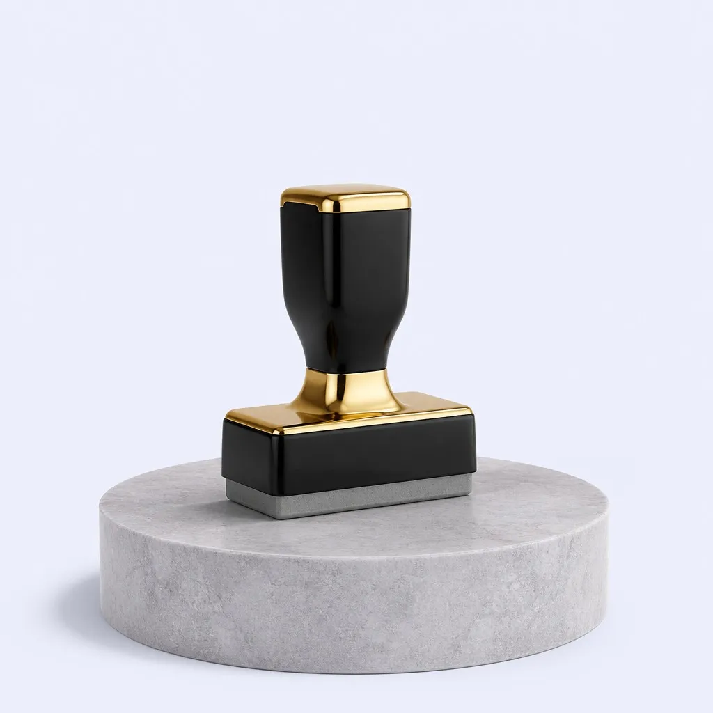 Black and gold stamp on a pedestal