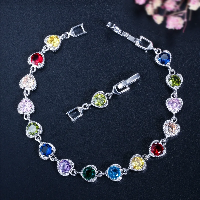 

Fashion Bridal Wedding Charm Bracelet Romantic Heart Connected Multi Color Cubic Zircon Big Stone Jewelry for Women, Customized color