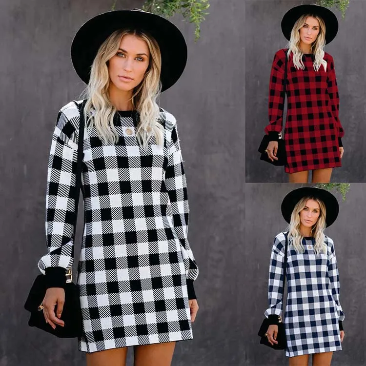 

2021 fashion custom logo casual fashion women dresses Houndstooth long sleeve round neck dress for ladies