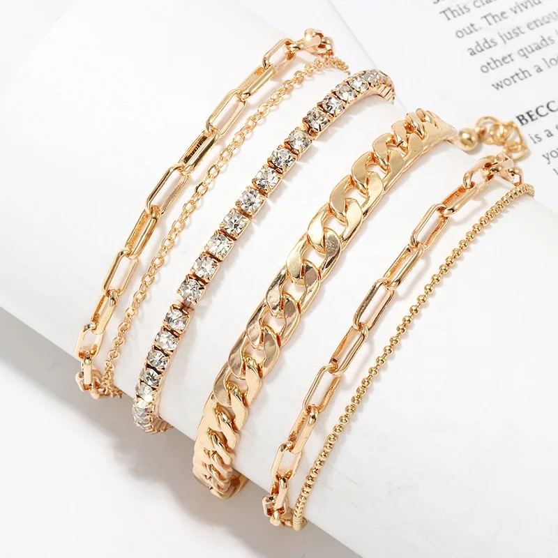 

6 Pcs/Sets Matel Material Jewelry AAA Cubic Zirconia Plated 18K Gold Fashion Women Anklet Sets, White, gold