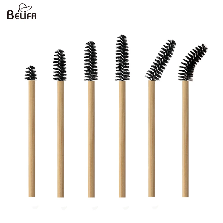 Belifa eco friendly mini black nylon hair disposable bamboo stick handle brow eyelash mascara wand lash cleansing cleaner brush
