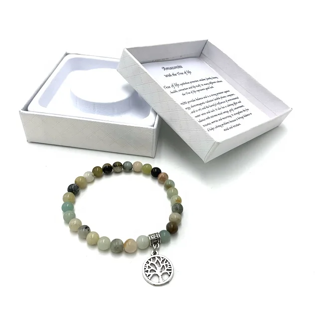 

Giftbox and property description of the stone Gemstone bracelet with charm Tree of life amazonite