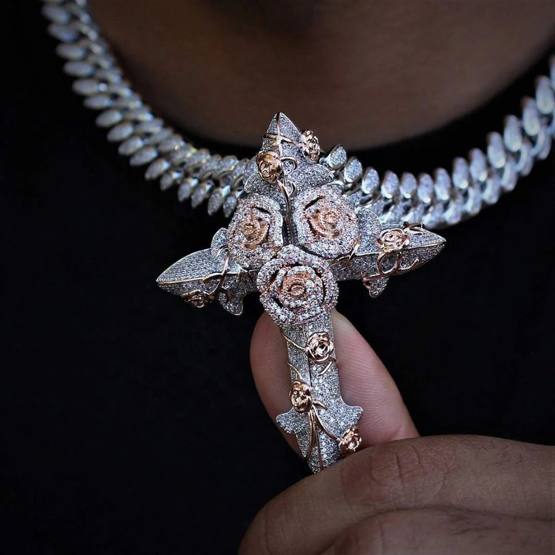 

top quality micro pave cz rose silver two tone cross rose flower engraved cross pendant 12mm cuban chain necklace