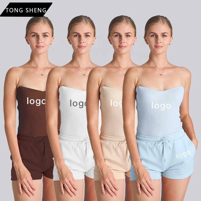 

Summer Two Piece Short Set Women Clothing Outfits Custom Women Ribbed Tube Top Bodysuit 2 Piece Short Jogger Set 2022, As picture